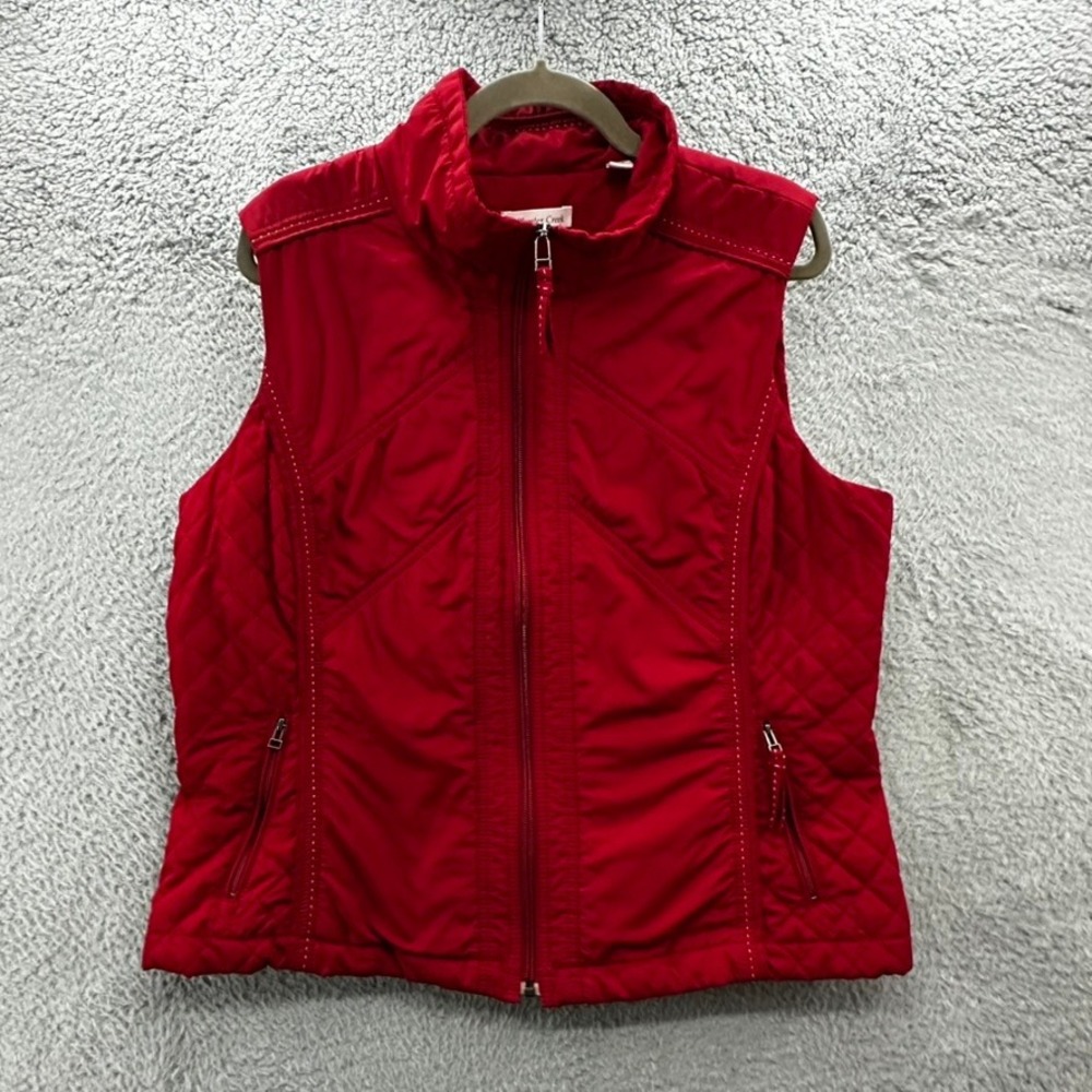 Coldwater Creek Women's XL Red Quilted Full Zip Vest Size Chevron Diamond Stitch